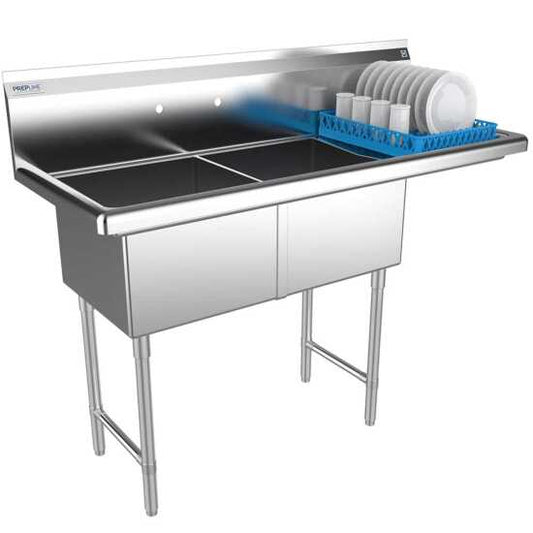 The Prepline 62" stainless steel two-compartment commercial sink with a right drainboard and 18" x 18" bowls provides a spacious and durable solution for efficient washing and food preparation in commercial kitchens.