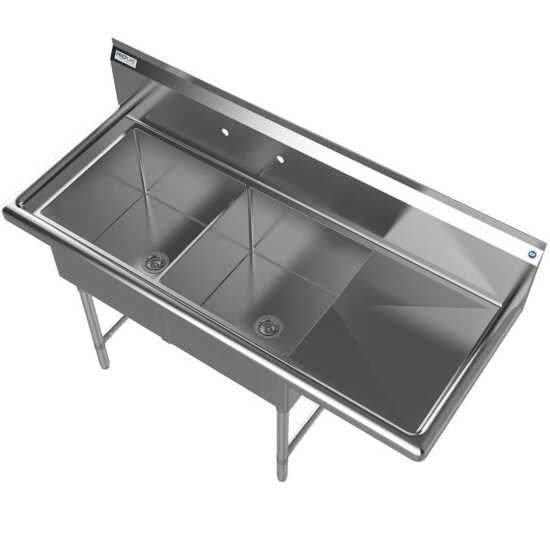 The Prepline 62" stainless steel two-compartment commercial sink with a right drainboard and 18" x 18" bowls provides a spacious and durable solution for efficient washing and food preparation in commercial kitchens.