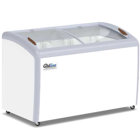 Coldline XS360 50" Curved Glass Ice Cream Freezer with LED Lighting, 13 cu. ft., offers generous storage and a sleek curved glass design. LED lighting enhances visibility and showcases frozen treats effectively.
