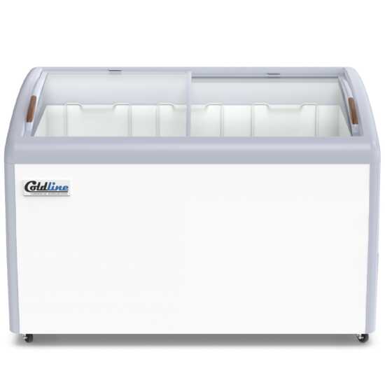 Coldline XS360 50" Curved Glass Ice Cream Freezer with LED Lighting, 13 cu. ft., offers generous storage and a sleek curved glass design. LED lighting enhances visibility and showcases frozen treats effectively.