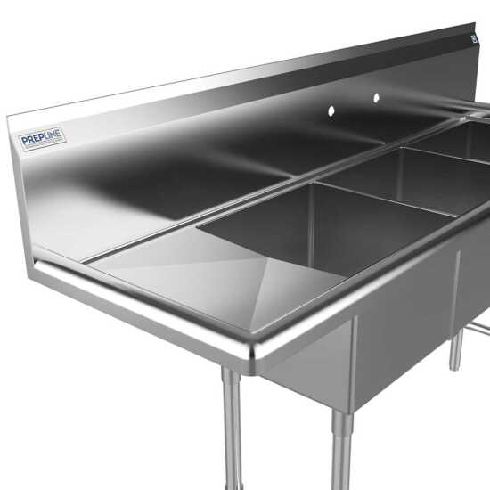 The Prepline 56" stainless steel three-compartment commercial sink features a left drainboard and 14" x 16" bowls, providing a spacious, durable solution for efficient washing and food prep in commercial kitchens.