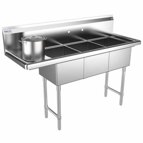 The Prepline 56" stainless steel three-compartment commercial sink features a left drainboard and 14" x 16" bowls, providing a spacious, durable solution for efficient washing and food prep in commercial kitchens.