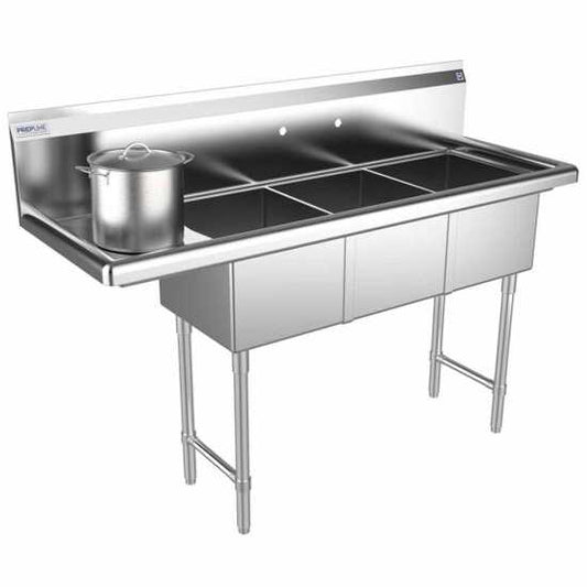 The Prepline 56" stainless steel three-compartment commercial sink features a left drainboard and 14" x 16" bowls, providing a spacious, durable solution for efficient washing and food prep in commercial kitchens.