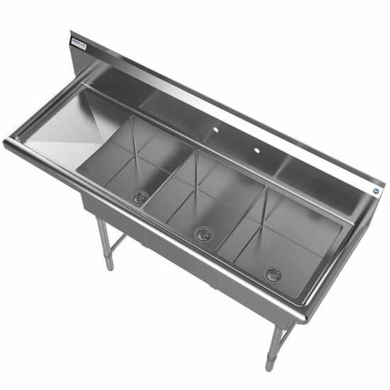 The Prepline 56" stainless steel three-compartment commercial sink features a left drainboard and 14" x 16" bowls, providing a spacious, durable solution for efficient washing and food prep in commercial kitchens.