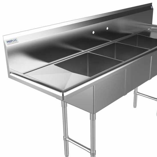 The Prepline 66" stainless steel three-compartment commercial sink features both left and right drainboards and 14" x 16" bowls, providing a spacious and efficient solution for washing and food prep in commercial kitchens.