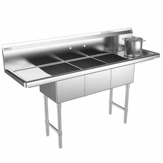 The Prepline 66" stainless steel three-compartment commercial sink features both left and right drainboards and 14" x 16" bowls, providing a spacious and efficient solution for washing and food prep in commercial kitchens.