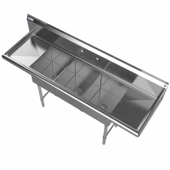The Prepline 66" stainless steel three-compartment commercial sink features both left and right drainboards and 14" x 16" bowls, providing a spacious and efficient solution for washing and food prep in commercial kitchens.
