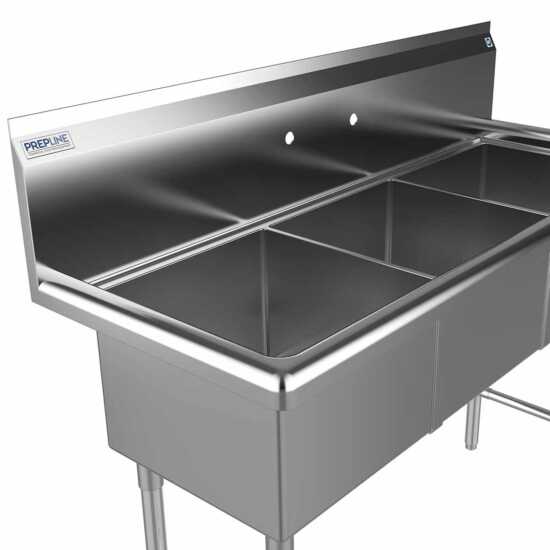 The Prepline 47" stainless steel three-compartment commercial sink with 14" x 16" bowls provides a durable and efficient washing solution for busy commercial kitchens, ensuring effective cleaning and prep work.