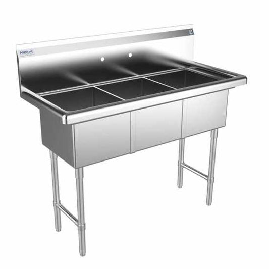 The Prepline 47" stainless steel three-compartment commercial sink with 14" x 16" bowls provides a durable and efficient washing solution for busy commercial kitchens, ensuring effective cleaning and prep work.