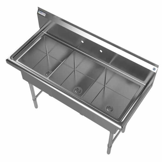The Prepline 56" stainless steel three-compartment commercial sink with a right drainboard and 14" x 16" bowls offers a durable and spacious solution for efficient washing and food preparation in commercial kitchens.