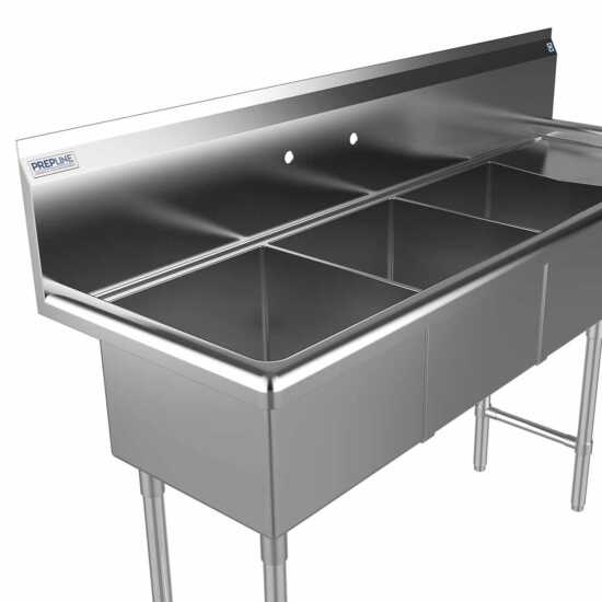 The Prepline 56" stainless steel three-compartment commercial sink with a right drainboard and 14" x 16" bowls offers a durable and spacious solution for efficient washing and food preparation in commercial kitchens.