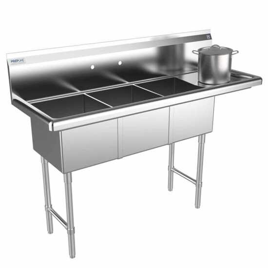 The Prepline 56" stainless steel three-compartment commercial sink with a right drainboard and 14" x 16" bowls offers a durable and spacious solution for efficient washing and food preparation in commercial kitchens.