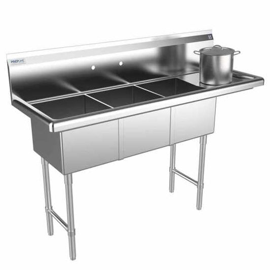 The Prepline 56" stainless steel three-compartment commercial sink with a right drainboard and 14" x 16" bowls offers a durable and spacious solution for efficient washing and food preparation in commercial kitchens.