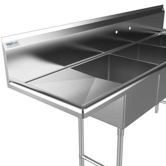 Prepline 74" stainless steel 3 compartment commercial sink with 18" x 18" bowls and left drainboard for efficient kitchen use.