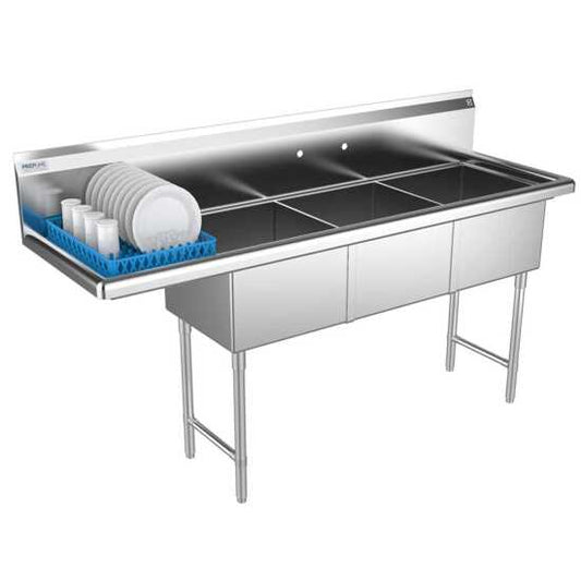 Prepline 74" stainless steel 3 compartment commercial sink with 18" x 18" bowls and left drainboard for efficient kitchen use.