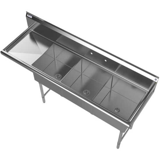 Prepline 74" stainless steel 3 compartment commercial sink with 18" x 18" bowls and left drainboard for efficient kitchen use.