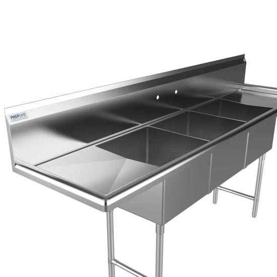 Prepline 90" stainless steel three compartment commercial sink with 18" x 18" bowls, left and right drainboards for heavy-duty kitchen use.