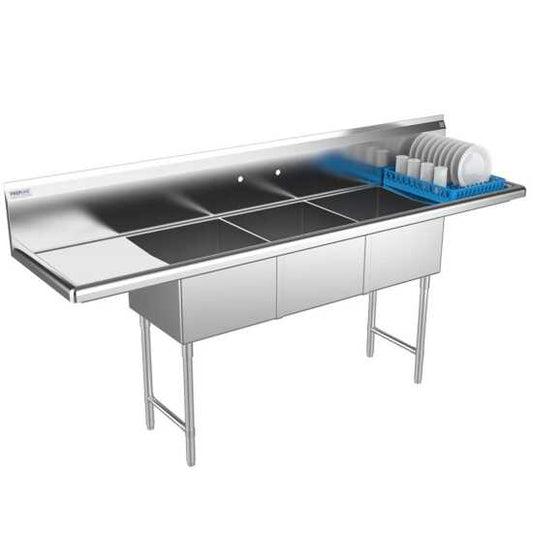 Prepline 90" stainless steel three compartment commercial sink with 18" x 18" bowls, left and right drainboards for heavy-duty kitchen use.