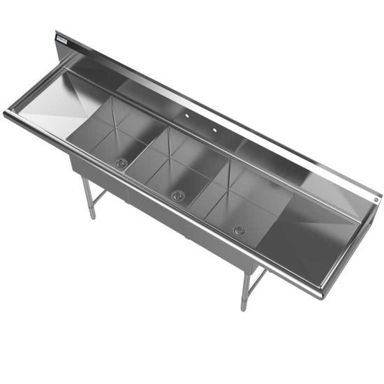Prepline 90" stainless steel three compartment commercial sink with 18" x 18" bowls, left and right drainboards for heavy-duty kitchen use.