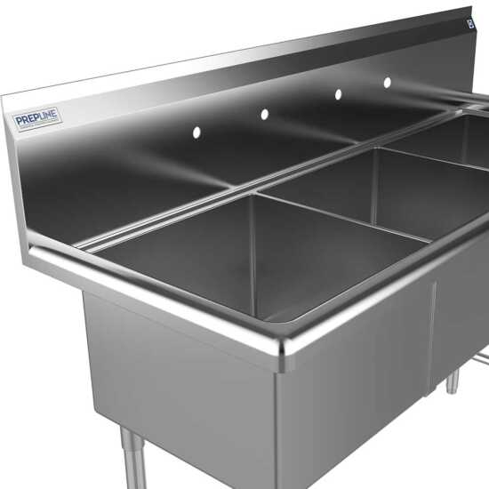 Prepline 77" stainless steel three compartment commercial sink with large 24" x 24" bowls for commercial kitchen use.