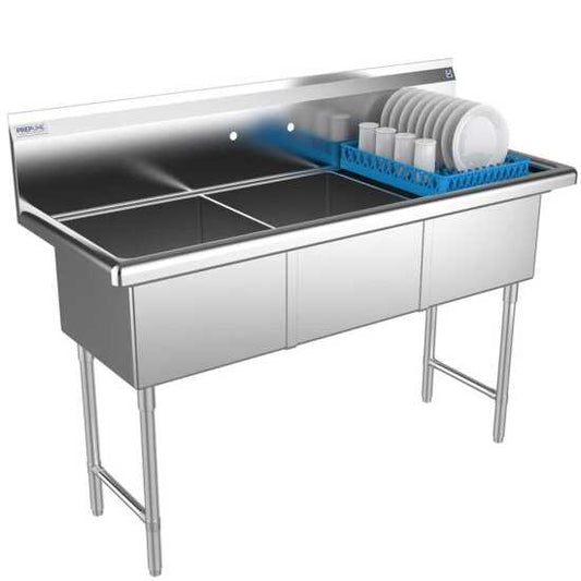 The Prepline 59" stainless steel three-compartment commercial sink features 18" x 18" bowls, offering a durable and efficient solution for washing and food preparation in busy commercial kitchen environments.