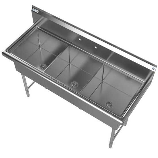 The Prepline 59" stainless steel three-compartment commercial sink features 18" x 18" bowls, offering a durable and efficient solution for washing and food preparation in busy commercial kitchen environments.