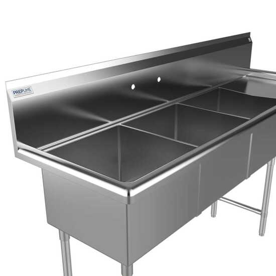 Prepline 74" stainless steel 3 compartment commercial sink with 18" x 18" bowls and right drainboard for professional kitchens.