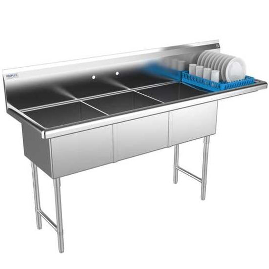 Prepline 74" stainless steel 3 compartment commercial sink with 18" x 18" bowls and right drainboard for professional kitchens.