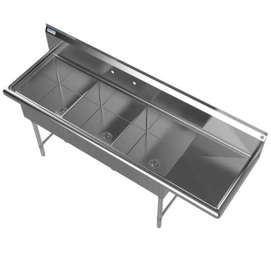 Prepline 74" stainless steel 3 compartment commercial sink with 18" x 18" bowls and right drainboard for professional kitchens.