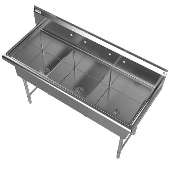 Prepline 77" stainless steel three compartment commercial sink with large 24" x 24" bowls for commercial kitchen use.