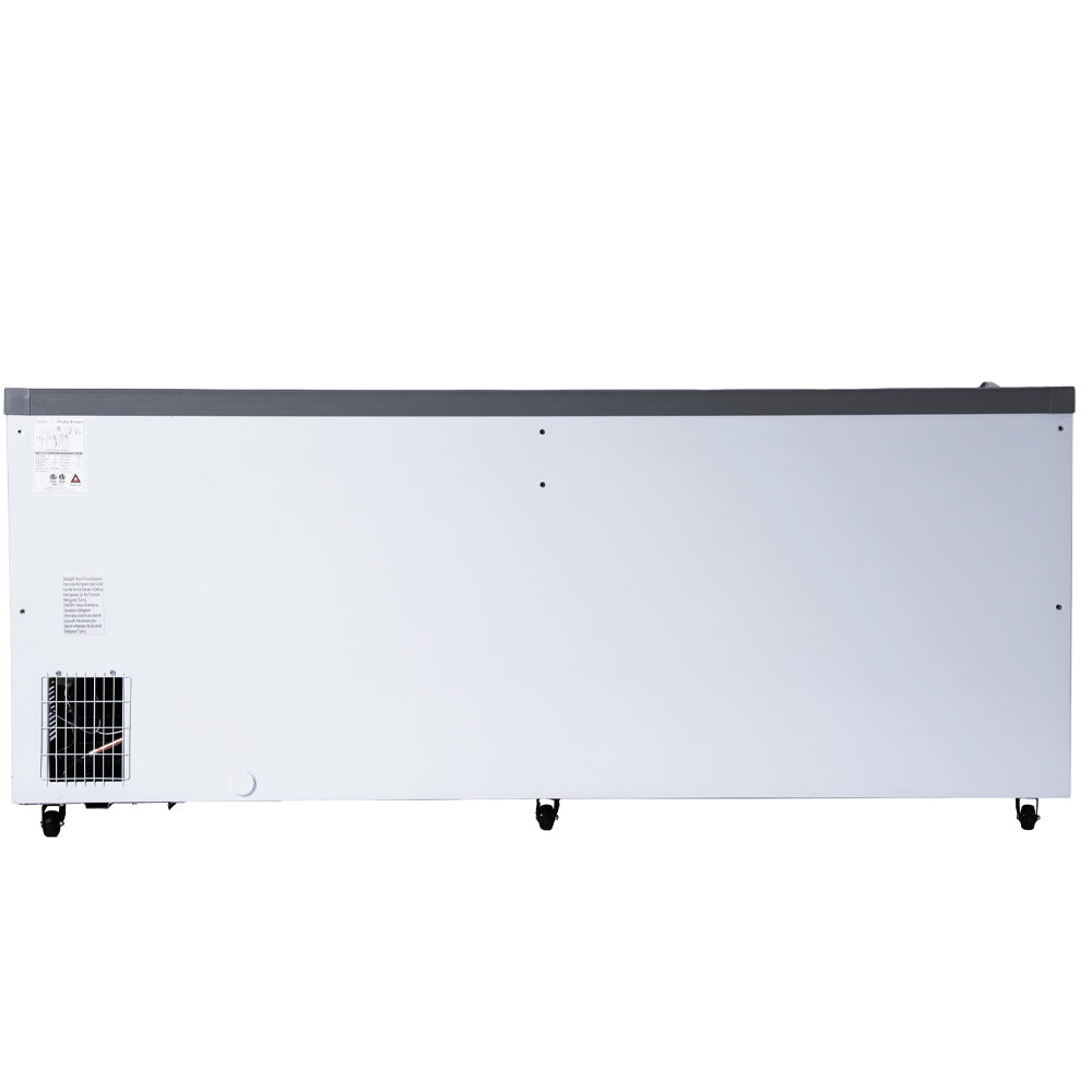 Commercial curved glass ice cream display freezer used for showcasing gelato and frozen desserts with bright LED lighting ideal for shops cafes and convenience stores needing large visible cold storage.
