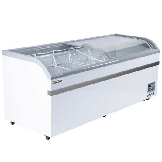 Commercial curved glass ice cream display freezer used for showcasing gelato and frozen desserts with bright LED lighting ideal for shops cafes and convenience stores needing large visible cold storage.