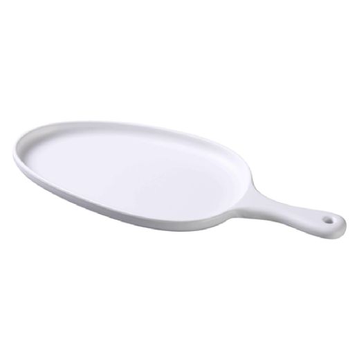 Yanco Pan Plate with Handle MO-809 Crafted from high-quality melamine, this plate boasts a sleek matte finish in an elegant white hue that will impress even the most discerning guests. The organic shape of the plate, with its unique curves and contours, adds a touch of sophistication to any dish you serve. The plate also features a convenient handle for easy carrying and serving.