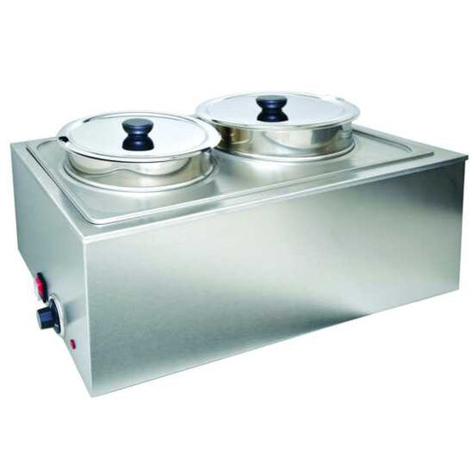 Prepline PFW500NT full-size electric countertop food and soup warmer featuring 2 inserts and 2 lids, 110V, 1200W, ideal for keeping soups and food hot in restaurants, buffets, and catering events.