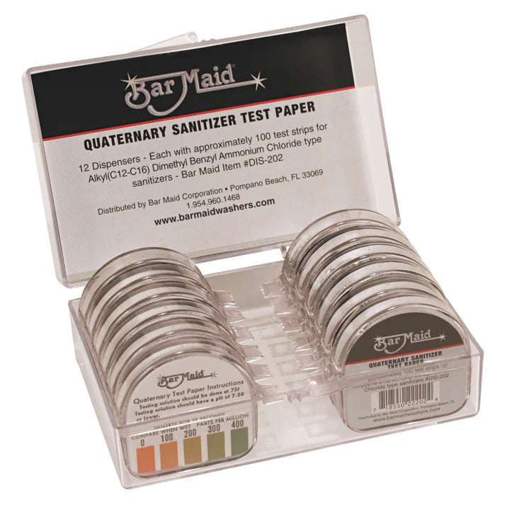 Bar Maid Sanitizer Test Strips Dispenser 100/Pack assures that glasses are germ-free and ready to use. The dispenser stops wet fingers from contaminating unused strips. Ensure your dishes and glassware are properly sanitized.