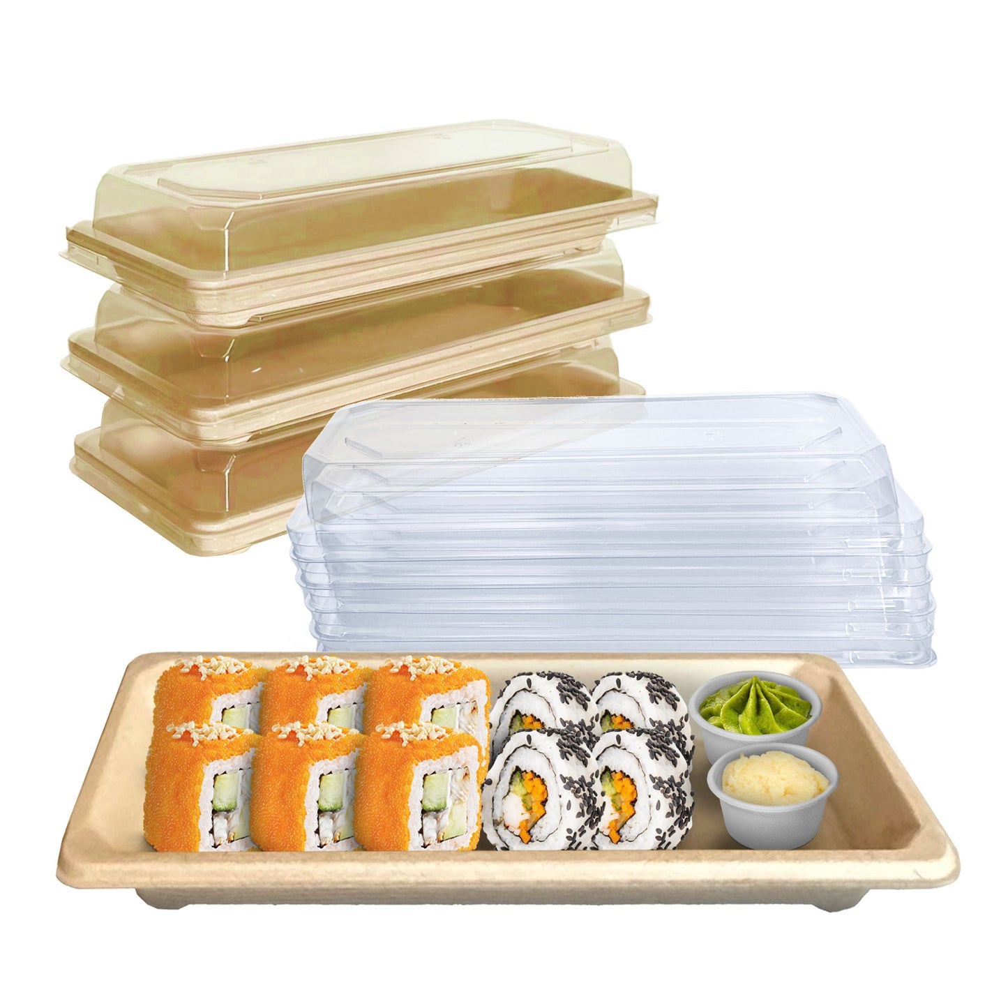 Compostable Packaging, Sustainable Sushi Tray, Eco-Friendly Food Packaging, Biodegradable Sushi Platter, Green Packaging Solution, Environmentally Friendly Tray, Zero-Waste Sushi Packaging, Bioplastics Sushi Tray, Earth-Friendly Sushi Container, Organic Waste Composting, Biodegradable Food Service, Natural Fiber Sushi Platter, Eco-conscious Sushi Packaging, Compostable Takeout Container
