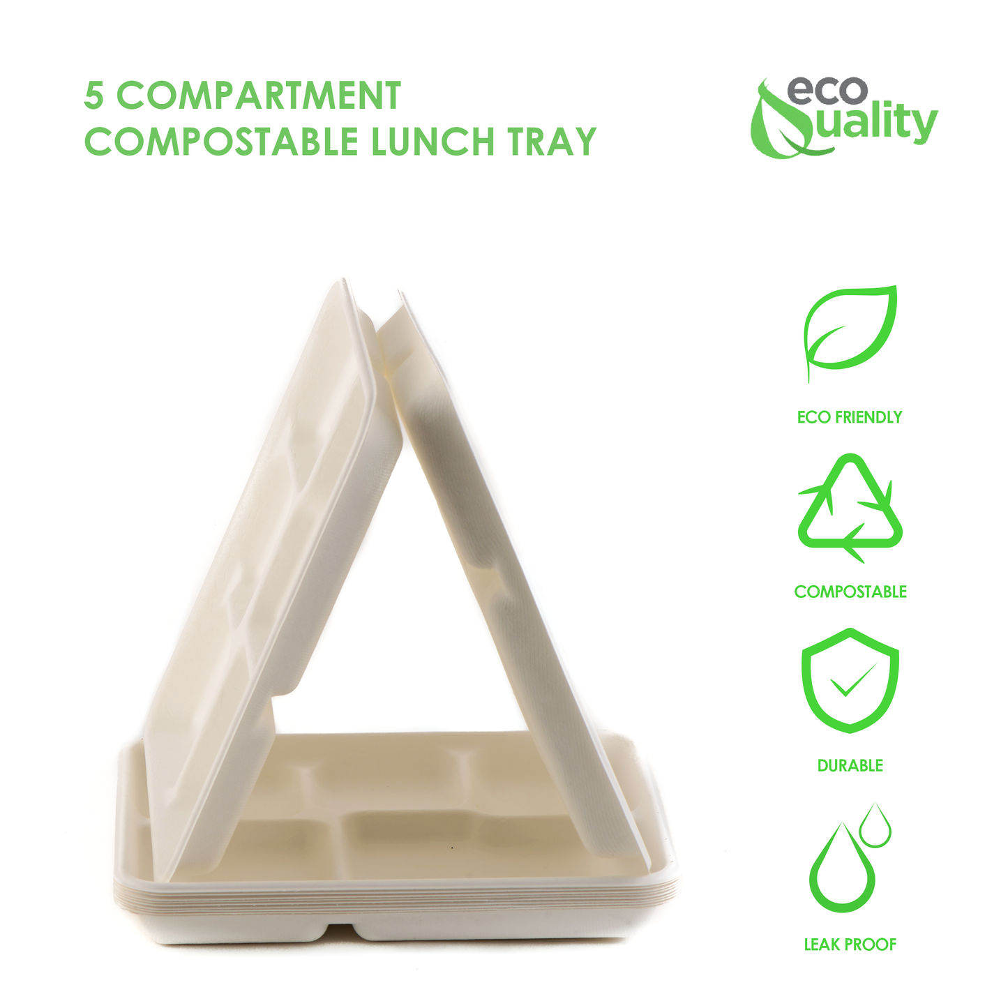 5 Compartment Compostable Sugarcane Lunch Tray