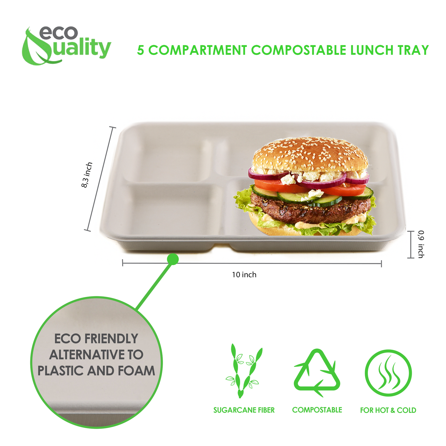 5 Compartment Compostable Sugarcane Lunch Tray