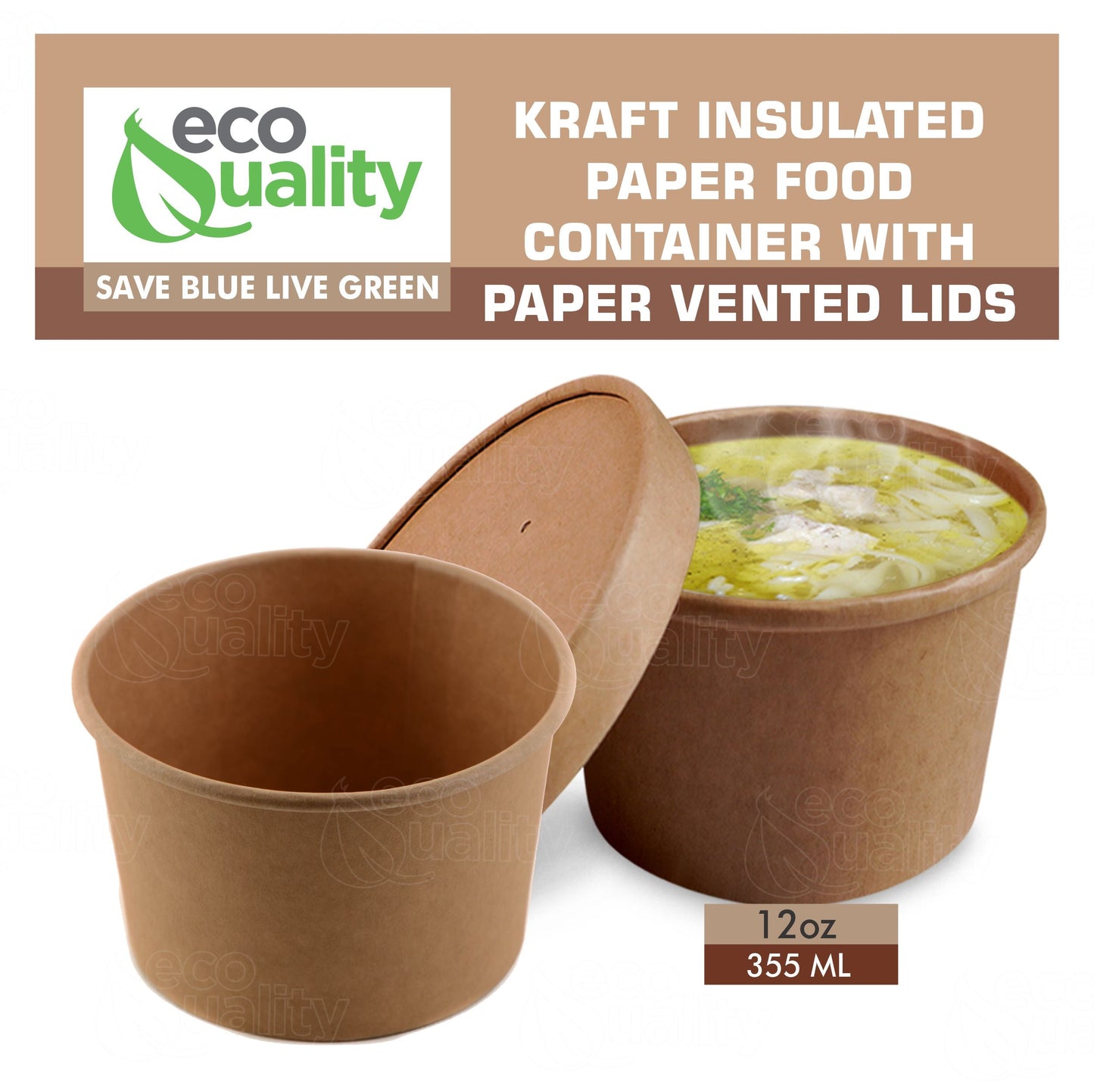 12oz Disposable Kraft Paper Food Soup Cup with Paper Vented Lid