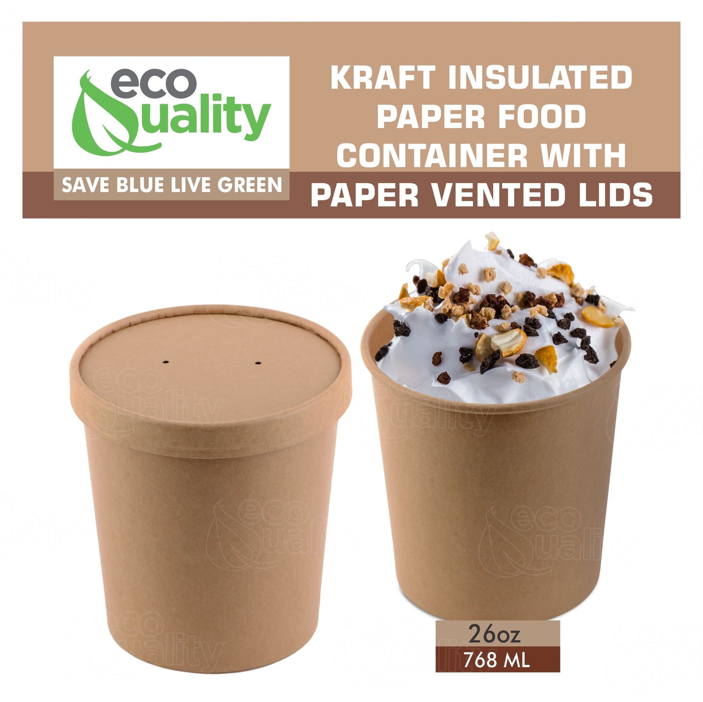26oz Disposable Kraft Paper Food Soup Cup with Paper Vented Lid