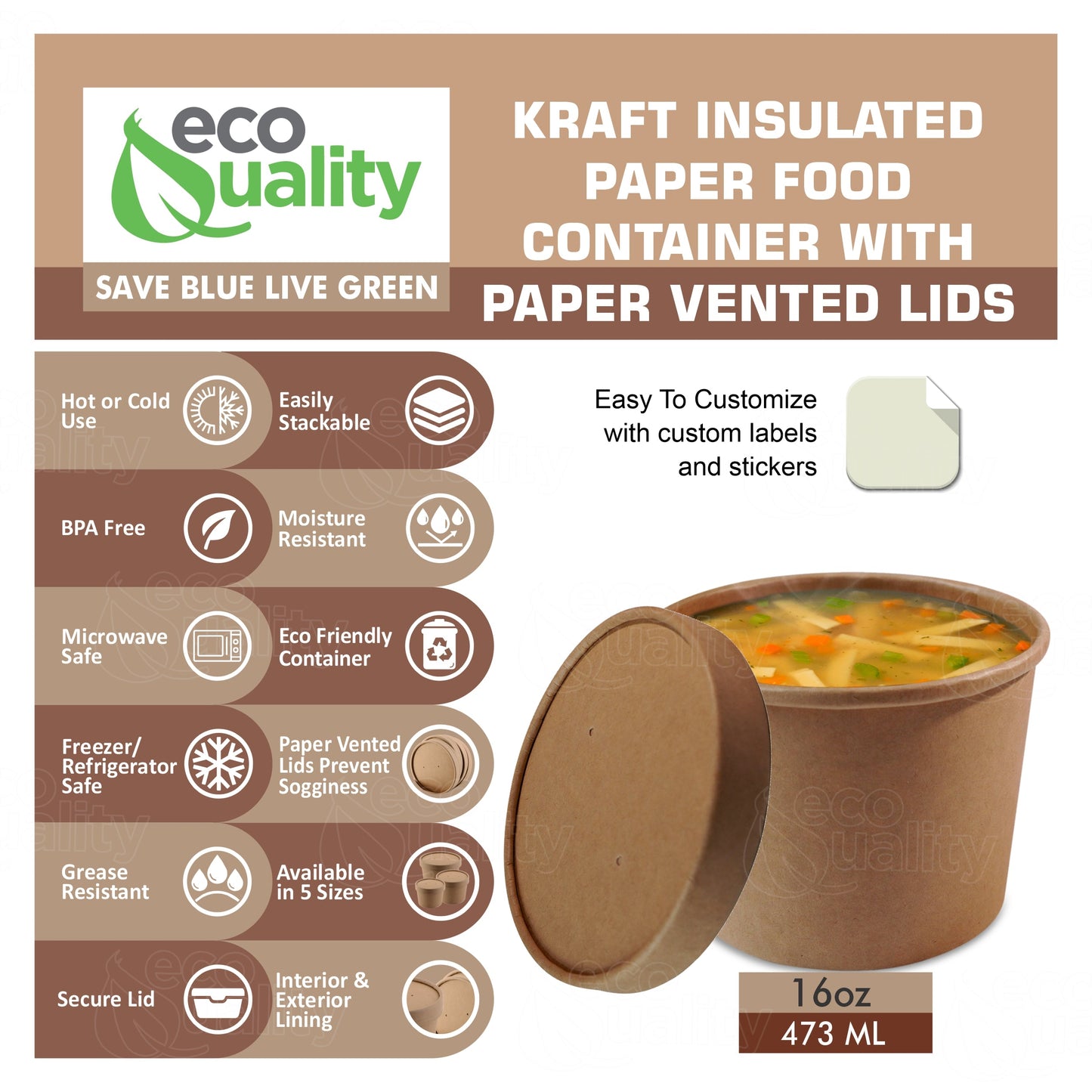 16oz Disposable Kraft Paper Food Soup Cup with Paper Vented Lid