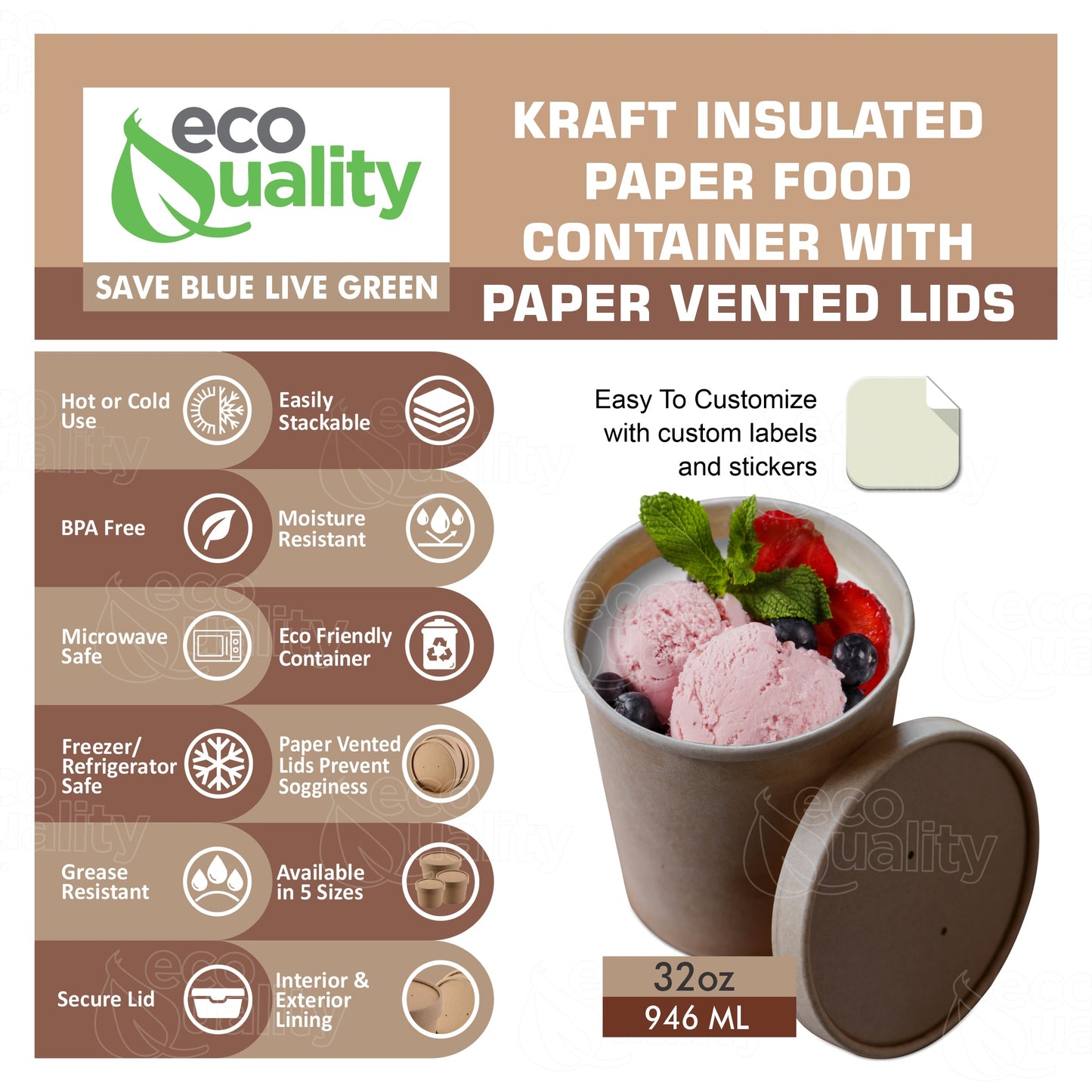 32oz Disposable Kraft Paper Food Soup Cup with Paper Vented Lid