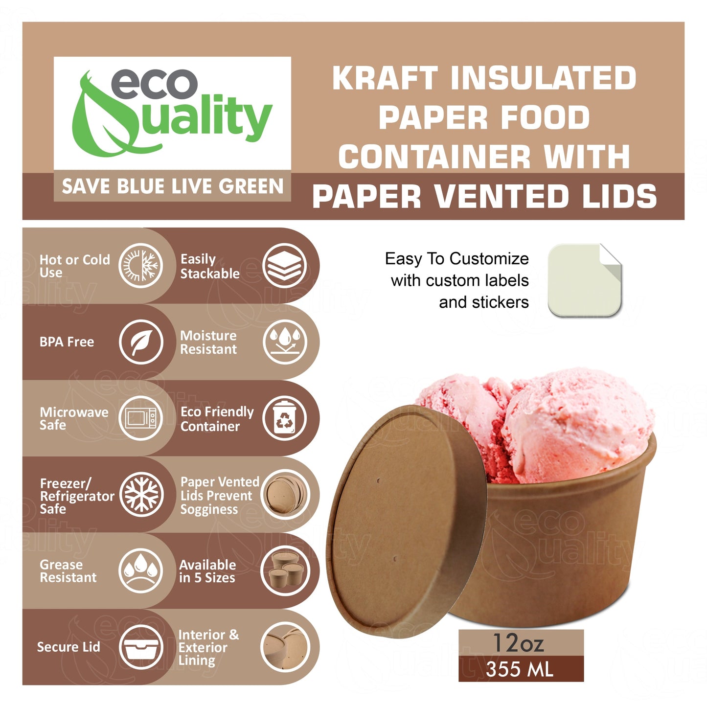 12oz Disposable Kraft Paper Food Soup Cup with Paper Vented Lid