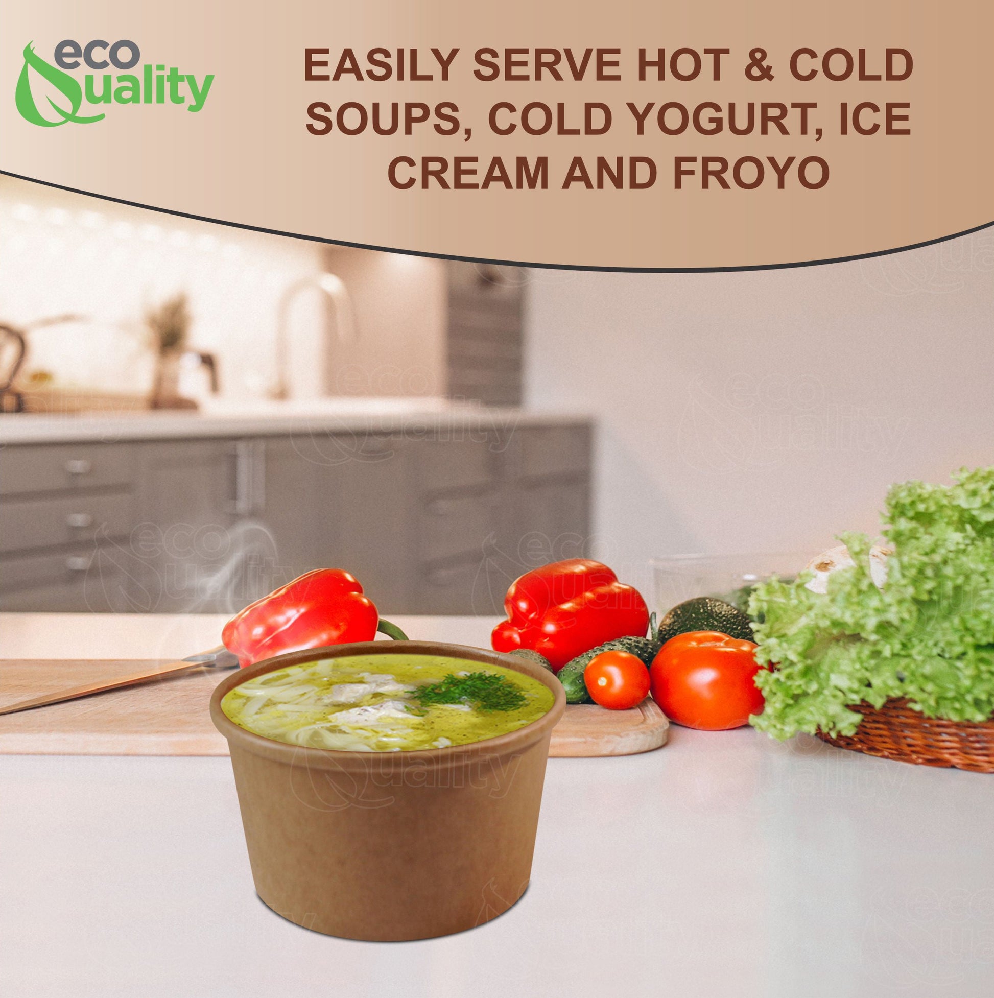 Ice cream soup yogurt cups Take out food container Nyc Restaurant cafe shop office home disposable catering supplies kraft Paper heavy duty strong sturdy leak free proof bulk economical wholesale ecoquality Ecofriendly compostable biodegradable 12 oz 12 ounces