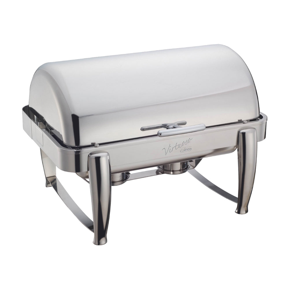 An 8 quart full size Virtuoso extra heavyweight chafer consisting of a rectangular polished stainless steel chafer with roll top lid and a sturdy frame. The chafer is set up with a water pan, food pan, and fuel holders for maintaining consistent temperature and keeping food warm. The chafer is ideal for catering or large scale buffet events
