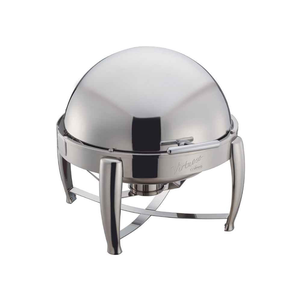 A 6 quart round Virtuoso extra heavyweight chafer consisting of a round polished stainless steel chafer with roll top lid and a sturdy frame. The chafer is set up with a water pan, food pan, and fuel holder for maintaining consistent temperature and keeping food warm. The chafer is ideal for catering or large scale buffet events