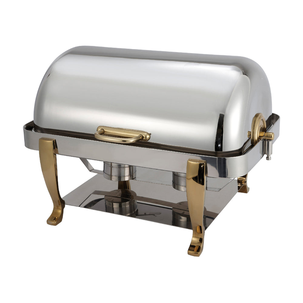 An 8 quart full size Vintage extra heavyweight chafer consisting of a rectangular polished stainless steel chafer with roll top lid and a sturdy frame. The chafer is set up with a water pan, food pan, and fuel holders for maintaining consistent temperature and keeping food warm. The chafer is ideal for catering or large scale buffet events