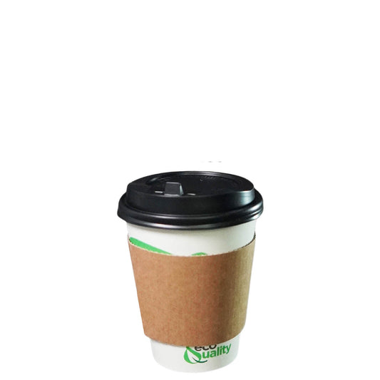 10oz Disposable Compostable Biodegradable White Paper Coffee Cups with Black Dome Lids and Sleeves