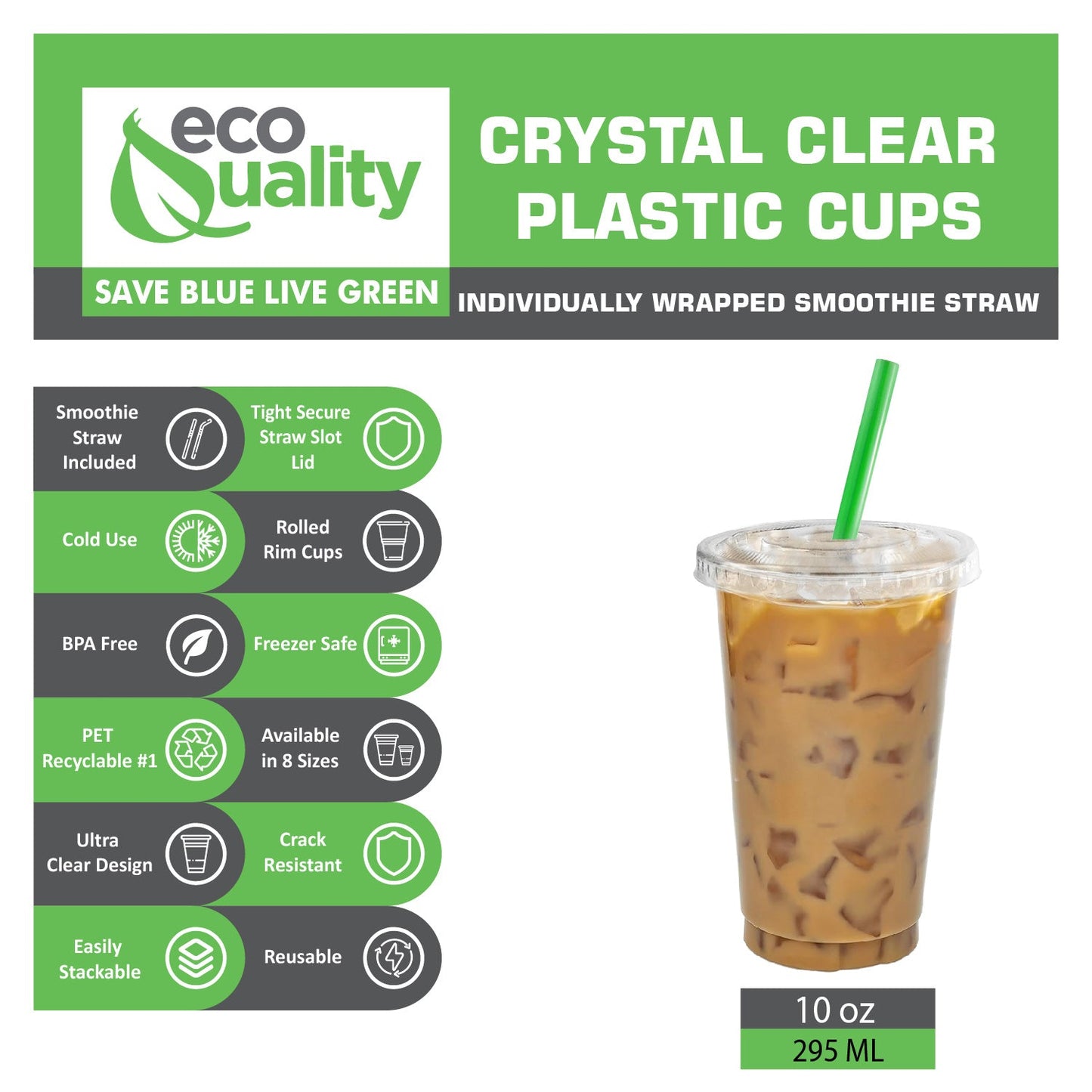 10oz Disposable Pet Clear Plastic Smoothie Cups with Clear Flat Lids and Color Straws