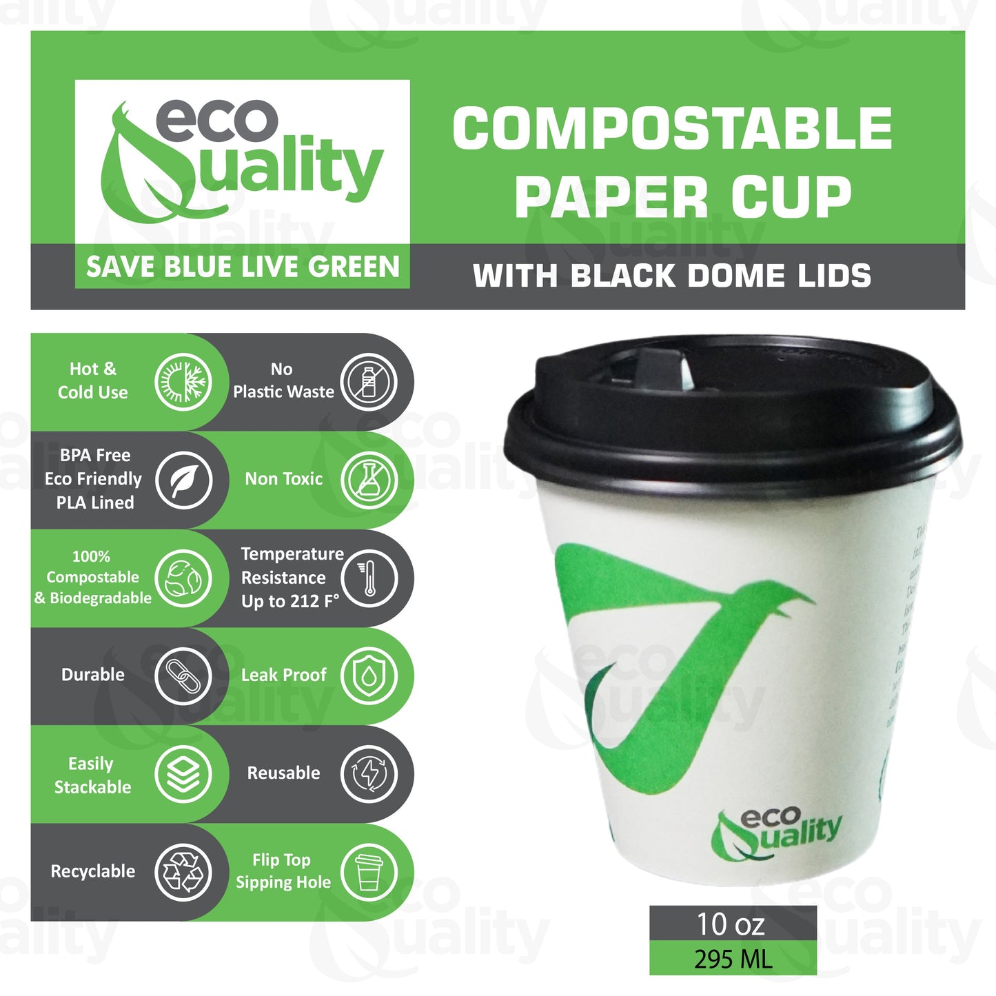 10oz Disposable Compostable Biodegradable White Paper Coffee Cups with Black Dome